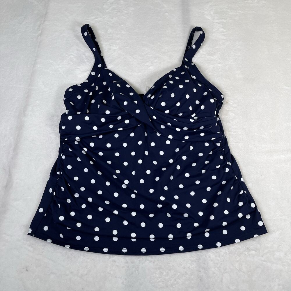 Lands End Tankini Top Navy & White Polka Dot Underwire Bra Adjust. Straps Sz. 16 - Picture 1 of 10